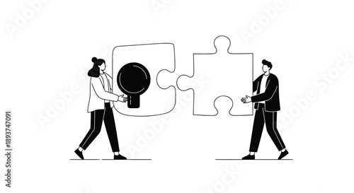 Business partnership teamwork concept, vector illustration of two people working together to complete puzzle pieces, for presentation or website, isolated on transparent background, png