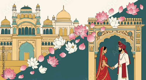 Indian Bride and Groom Jaimala Ceremony Illustration, Traditional Wedding Ritual with Floral Garland, Palace Backdrop, Floating Lotus Petals, Vector for Wedding Invitations
