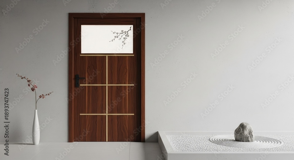 Fototapeta premium Elegant Wooden Door with Frosted Glass Panel.