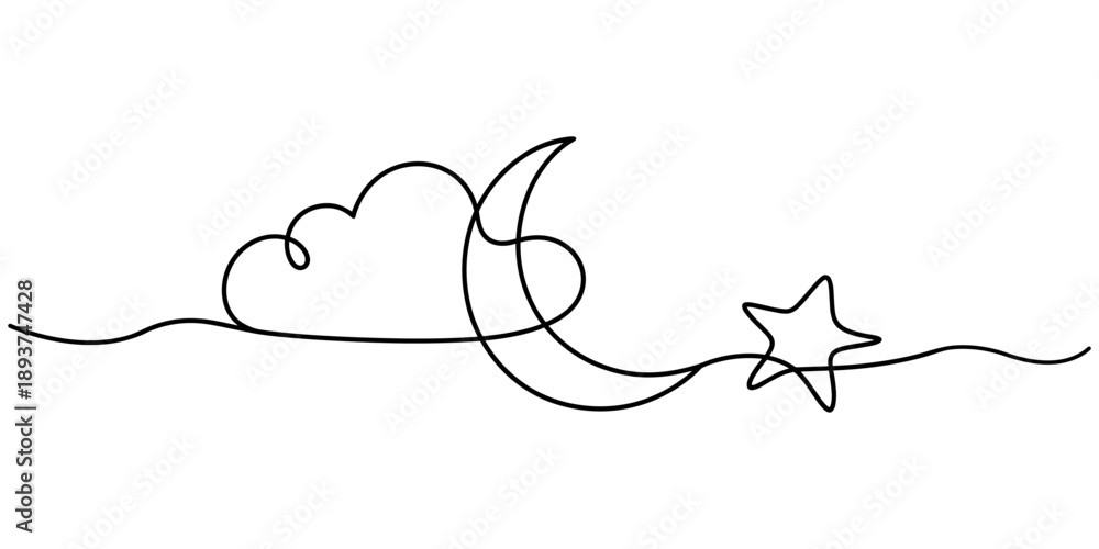 Naklejka premium One single line drawing with cloud and star on white background. Continuous line draw vector illustration