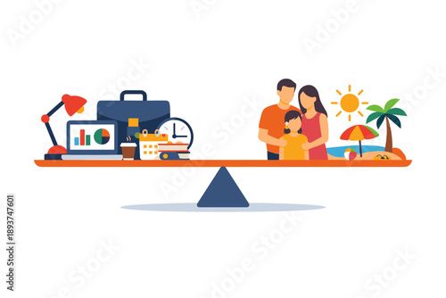 Work-life balance concept illustrated by a scale weighing career and family on a beach