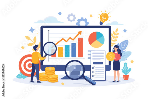 Business analytics and financial growth concept with people analyzing charts and data