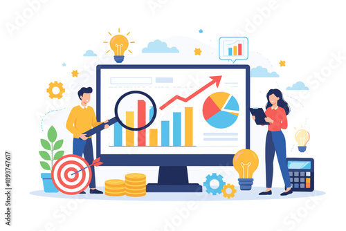 Business analytics and financial growth concept with people analyzing charts and graphs
