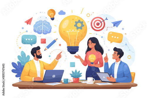 Diverse team collaborating on a bright idea with a giant lightbulb and brain symbols