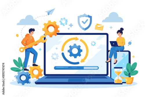 Team working on software update and system maintenance with gears and progress bar