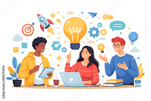 Diverse team collaborating on innovative ideas with lightbulbs and rocket ship symbols