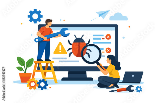 Software developers fixing bugs and debugging code on a computer screen with tools