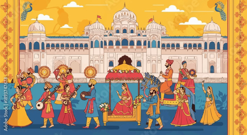 Traditional Indian Wedding Procession (Baraat) with Musicians and Bride in Doli, Royal Heritage Palace Background