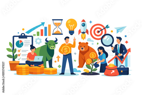 Bull and bear market symbols with financial growth and investment concepts illustrated