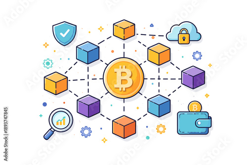 Decentralized blockchain network with bitcoin symbol, security, and cloud storage icons