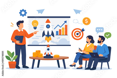 Business presentation with rocket launch, growth chart, and audience engagement elements