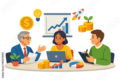 Business team collaborating on financial growth and startup ideas in a meeting