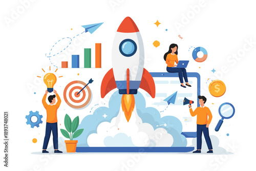 Business startup concept with rocket launch, idea, growth charts, and teamwork