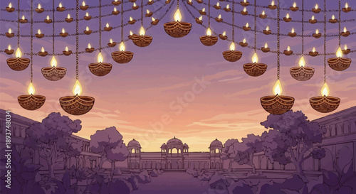 Twilight Indian Palace Garden with Hanging Oil Lamps, Diwali and Wedding Festival Illustration