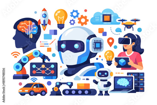 Futuristic technology collage with robots, AI, drones, and VR headset