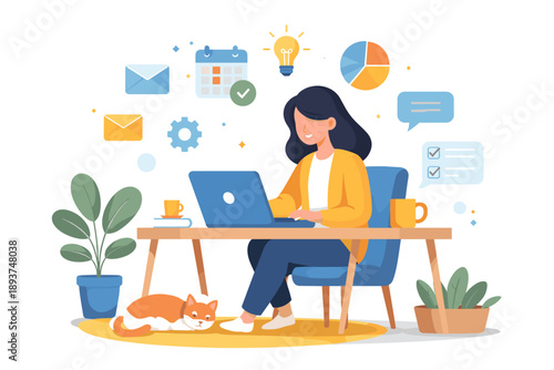 Woman working on laptop at home office with cat and plants, symbolizing productivity and remote work