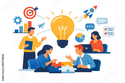 Teamwork and innovation concept with people collaborating around a lightbulb and puzzle pieces