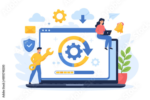 Team working on software update and system maintenance with gears and progress bar