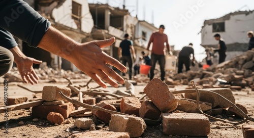 Helping hand reaches out amidst earthquake debris reconstruction