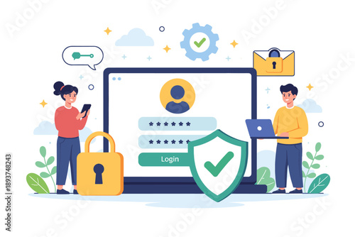 Secure online login and data protection concept with people and security icons