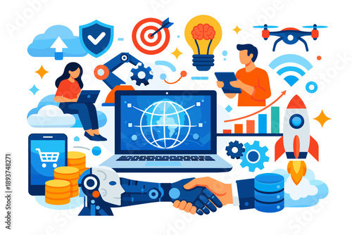 Digital transformation concept with technology icons and business elements