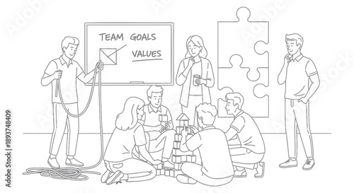 Vector illustration of business team working together on goals and values
