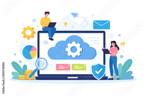 Cloud computing concept with people working on laptops and digital elements