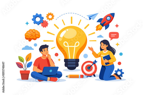 Teamwork and innovation concept with a bright idea lightbulb and rocket launch