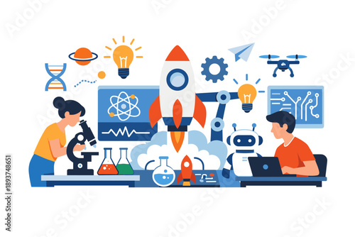 Children exploring science, technology, engineering, and math concepts with rockets and robots