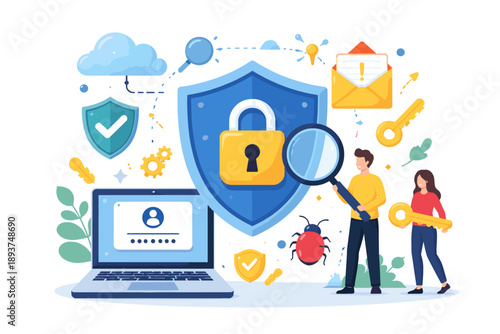 Digital security concept with people examining data and protecting information online