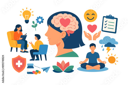 Mental health and well-being concepts illustrated with icons and symbols