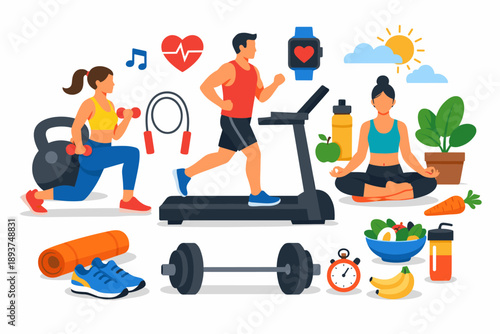 Healthy lifestyle concept with people exercising and healthy food elements