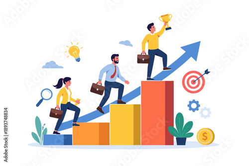 Business people climbing stairs representing career growth and success with trophy and target