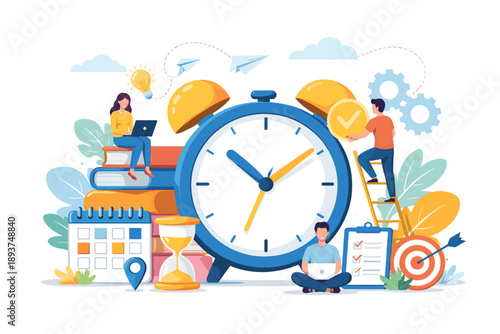 Time management concept with people working on tasks and a large alarm clock