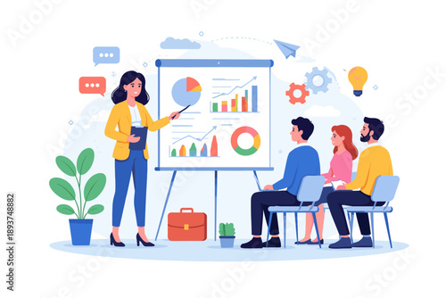 Businesswoman presenting financial data charts and graphs to an attentive audience in a meeting