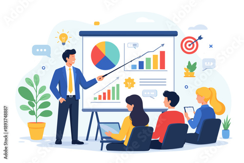 Business presentation with charts and graphs, speaker engaging audience in a meeting