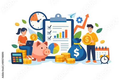 Financial planning and investment growth concept with people and piggy bank