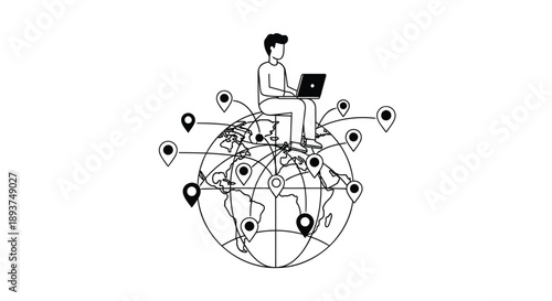 Vector illustration of a man working on laptop sitting on globe with location pins
