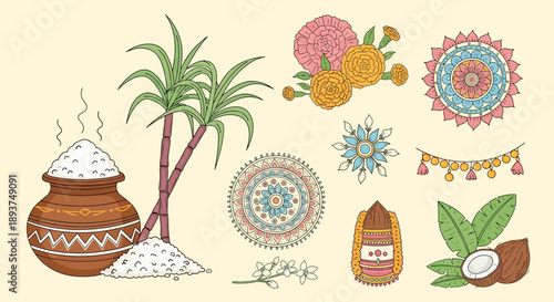 Traditional Indian harvest festival elements with sugarcane, rice pot, coconuts, flowers, and intricate rangoli patterns.