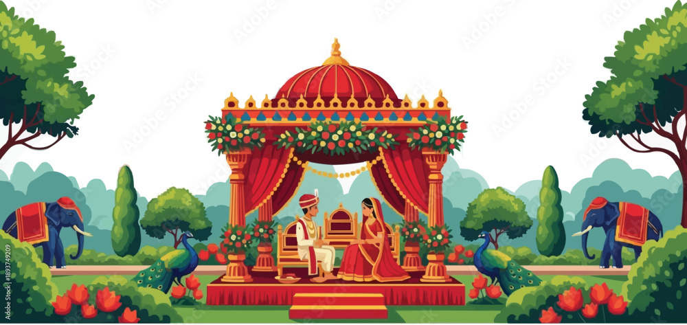 Naklejka premium Hindu Marriage Ceremony in Mandap with Bride and Groom Surrounded by Peacocks and Elephants, Traditional Indian Wedding Ritual Illustration, Cultural Celebration Vector Art
