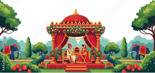 Hindu Marriage Ceremony in Mandap with Bride and Groom Surrounded by Peacocks and Elephants, Traditional Indian Wedding Ritual Illustration, Cultural Celebration Vector Art