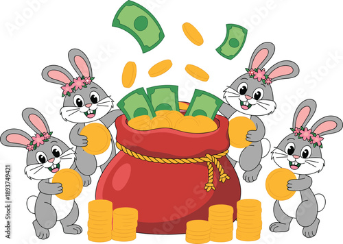 Cute cartoon rabbits with money bag illustration, funny bunny characters holding coins cash, savings wealth concept, playful kids art
