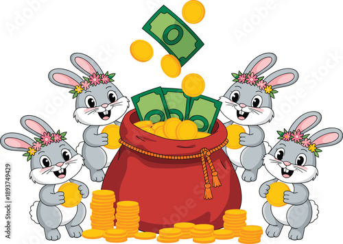 Cute cartoon rabbits with money bag illustration, happy bunny characters holding coins cash, savings wealth success concept, playful art