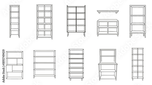 Collection of keywords: black line of various shelving units and bookcases shelf shelves