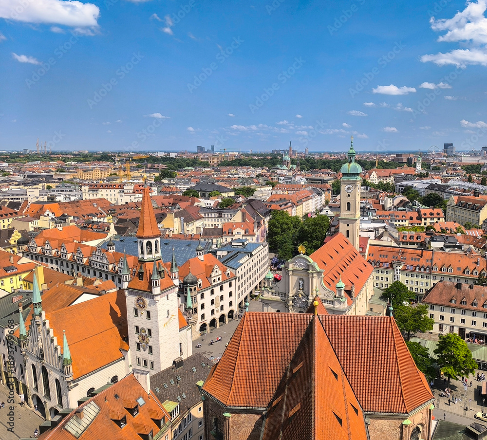 Fototapeta premium View from Saint Peter church tower, Munich, Germany, with old Rathaus and church of the Holy Spirit