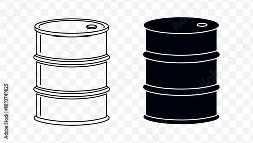 vector illustration of two steel barrels, one transparent and one black, for industrial or industrial design use isolated on Transparent Background