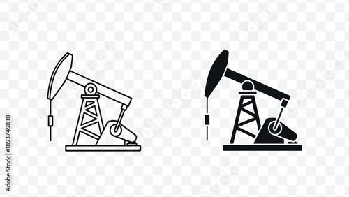 Oil pump jack or drilling rig vector icons, black and white line art, for industrial or energy concept, Isolated, isolated on Transparent Background