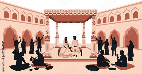 Silhouettes of Family Members and Bride and Groom at Traditional Indian Wedding Ceremony, Cultural Celebration with Rituals, Festive Gathering, Marriage Event Illustration