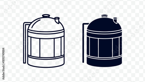 Vector illustration of two industrial cylindrical tanks or silos, one outlined and one filled, for industrial or construction design, icons or infographic elements isolated on Transparent Background