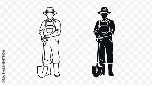 Farmers with shovels, vector illustration, agricultural workers or gardeners, for logo or icon isolated on Transparent Background